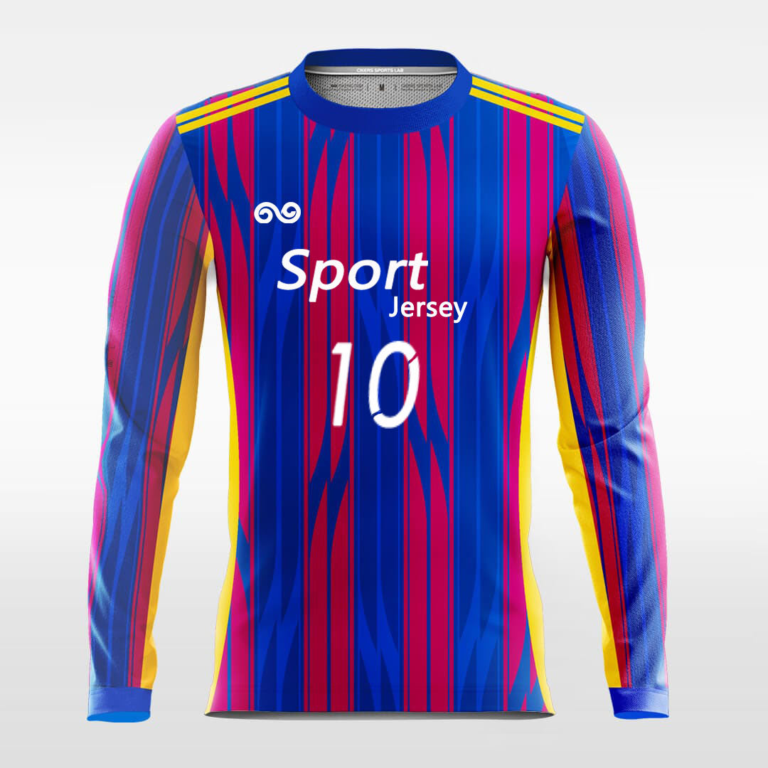 Ribbon- Custom Long Sleeve Soccer Jersey Blue and Red for Men